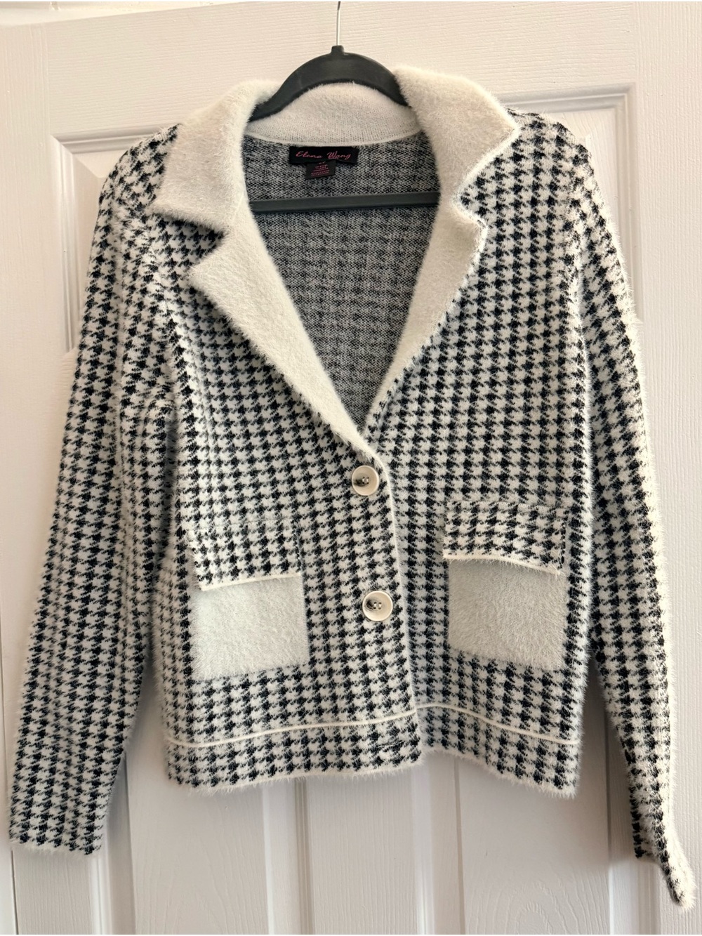 Elena Wang: Black & White Houndstooth Blazer Sweater Jacket